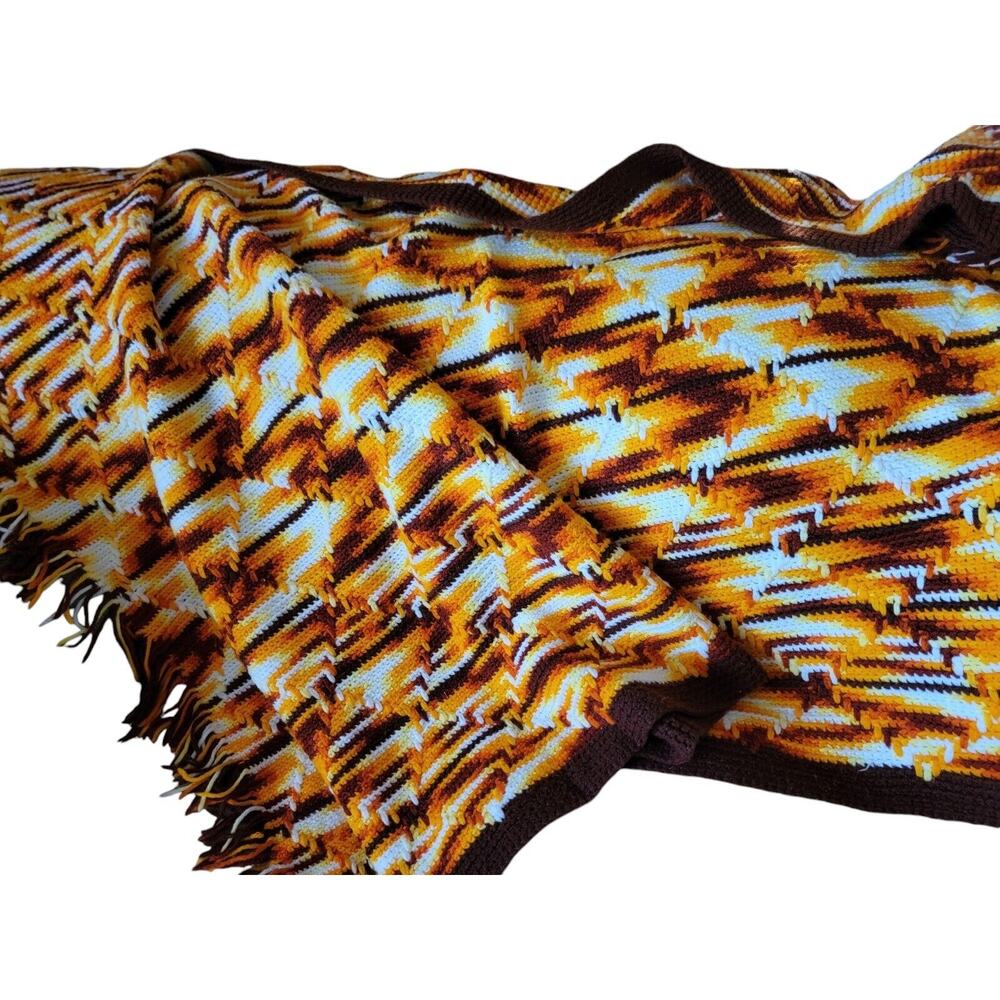 Hand Knit Fall Colors Throw Afghan Beautiful Pattern Yellow Orange Brown White